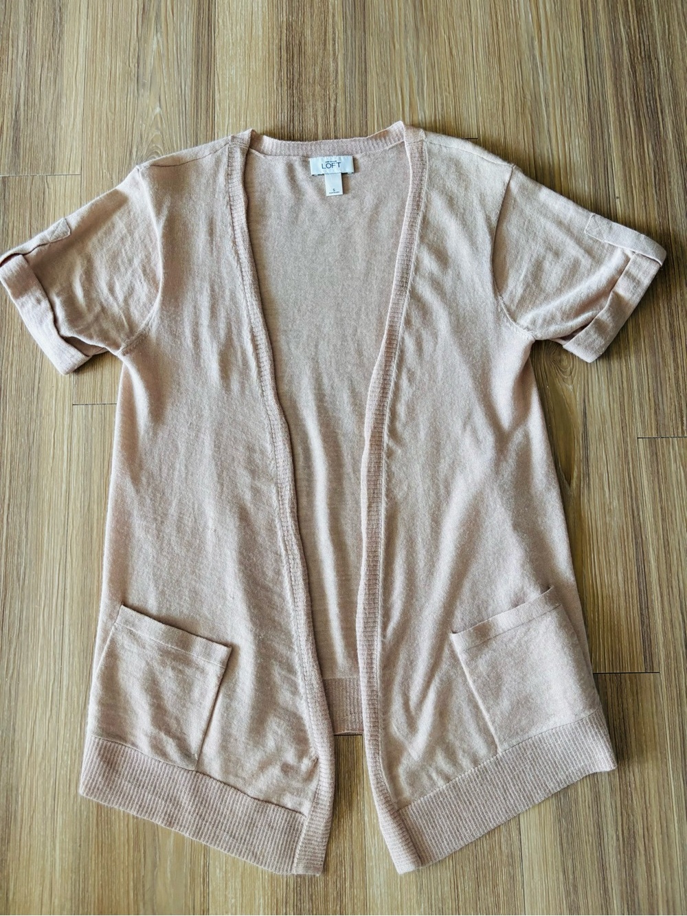 VTG LOFT Cardigan Sweater Tan Wool Open Short Sleeve Pockets Womens S Preppy Y2K - Picture 3 of 9
